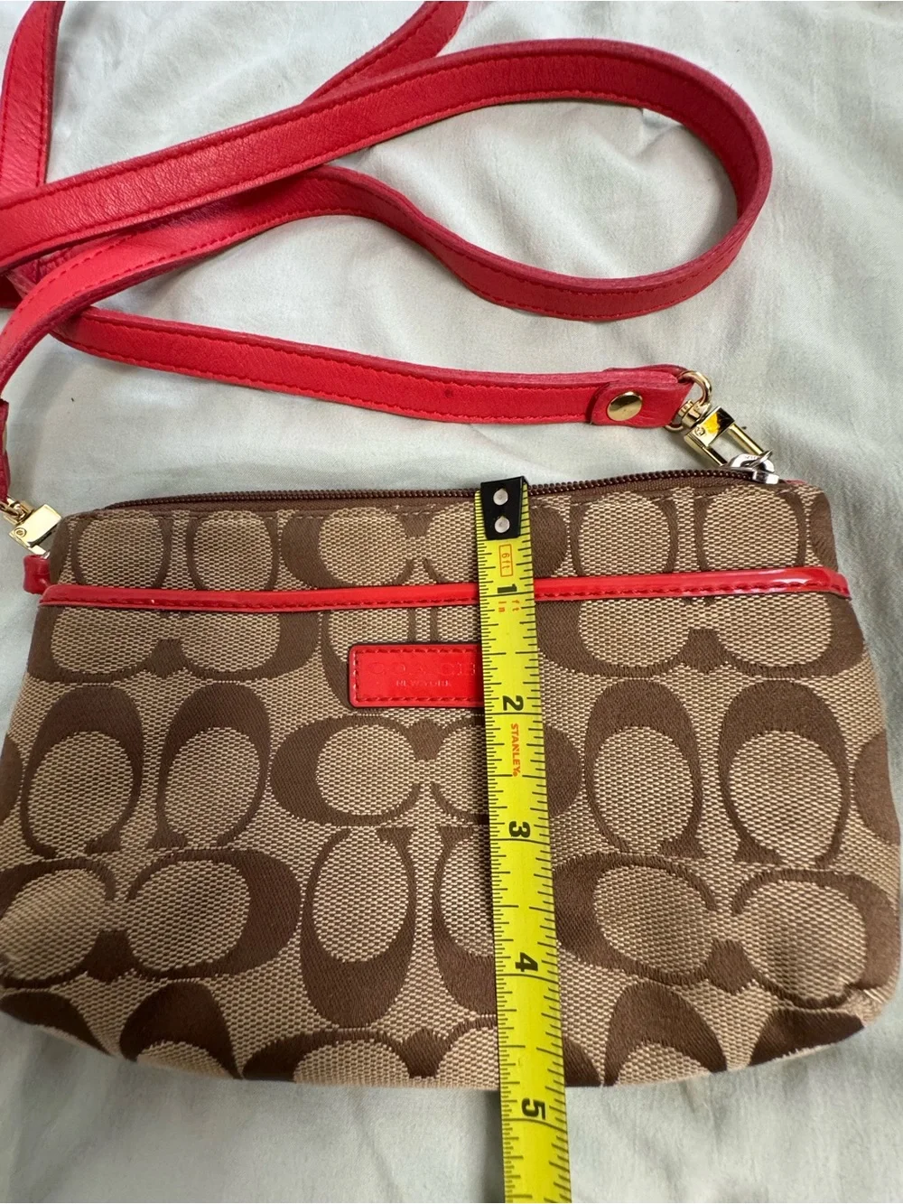 Coach Signature Jacquard Crossbody Bag with Orange Strap